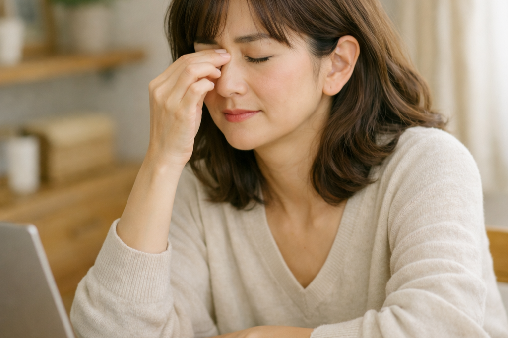 目の疲れを感じる女性