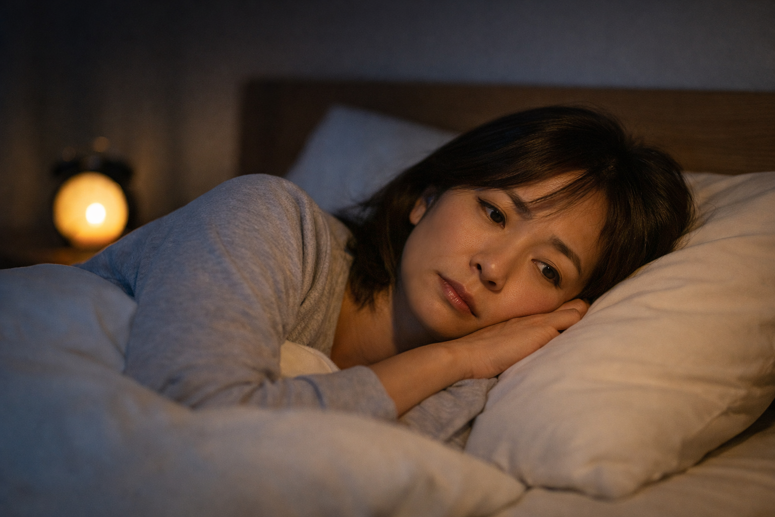 布団に入っても眠れない女性