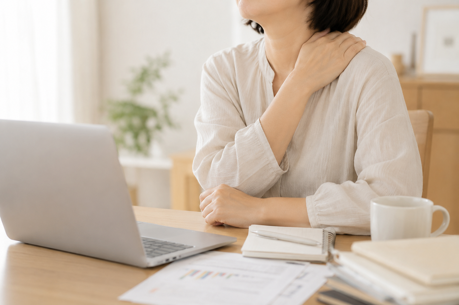 仕事のストレスで肩に力が入る女性